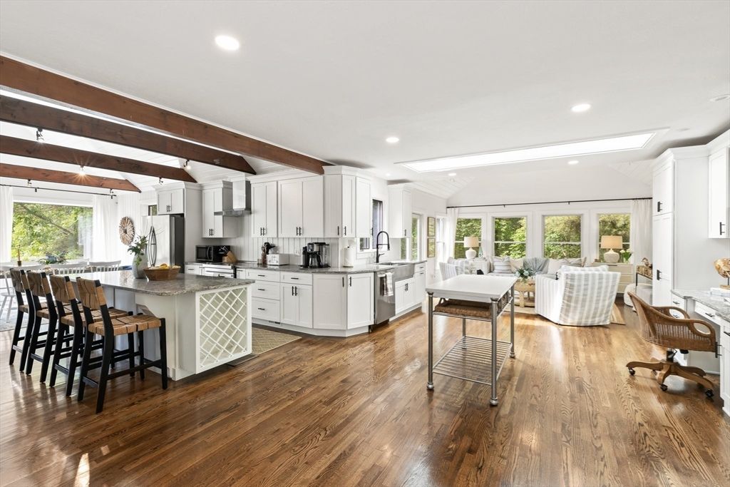 Dining room, Interior, Kitchen, Living room, Recessed Lighting, Stainless Steel Appliances, Wooden Beams, Wood Texture Flooring