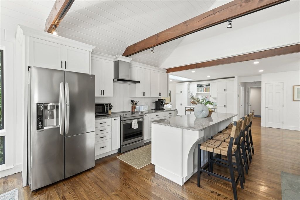 Interior, Kitchen, Recessed Lighting, Stainless Steel Appliances, Wooden Beams, Wood Texture Flooring