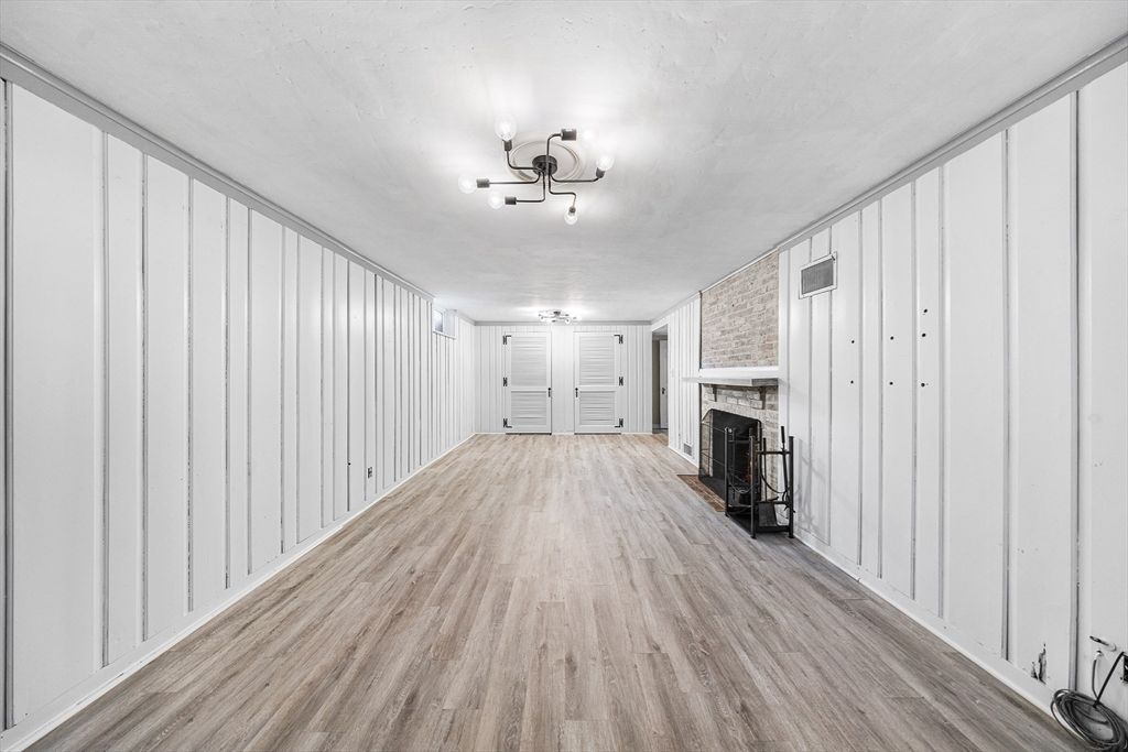 Empty room, Fireplace, Interior, Stone Walls, Wood Texture Flooring