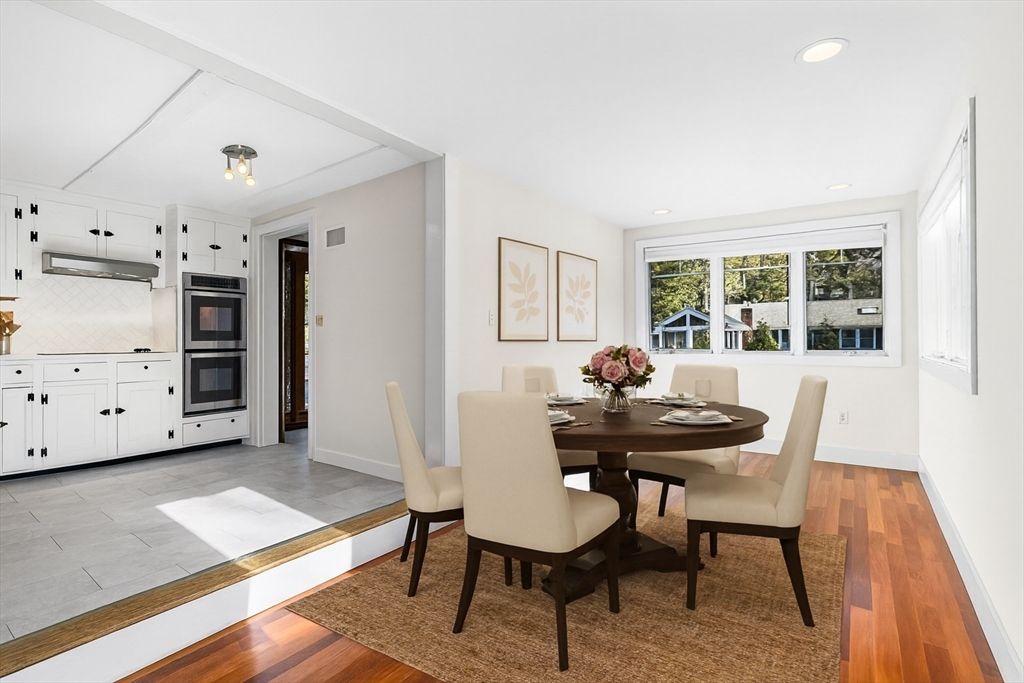 Dining room, Interior, Kitchen, Recessed Lighting, Stainless Steel Appliances, Wood Texture Flooring