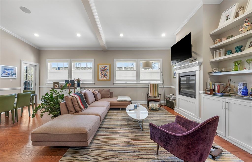 Fireplace, Interior, Living room, Recessed Lighting, Wood Texture Flooring