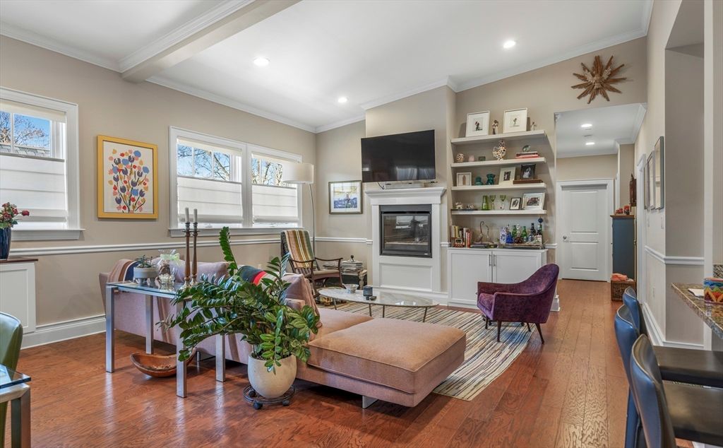 Fireplace, Interior, Living room, Recessed Lighting, Wood Texture Flooring