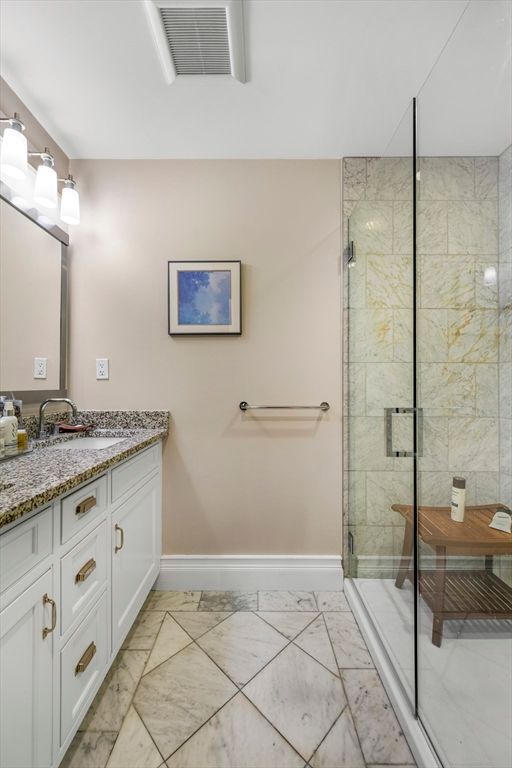 Bathroom, Dual Sink Vanities, Glass Shower, Interior, Marble, Marble Walls