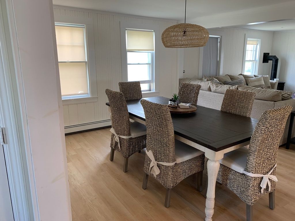 Dining room, Interior, Pendant Lights, Wood Texture Flooring