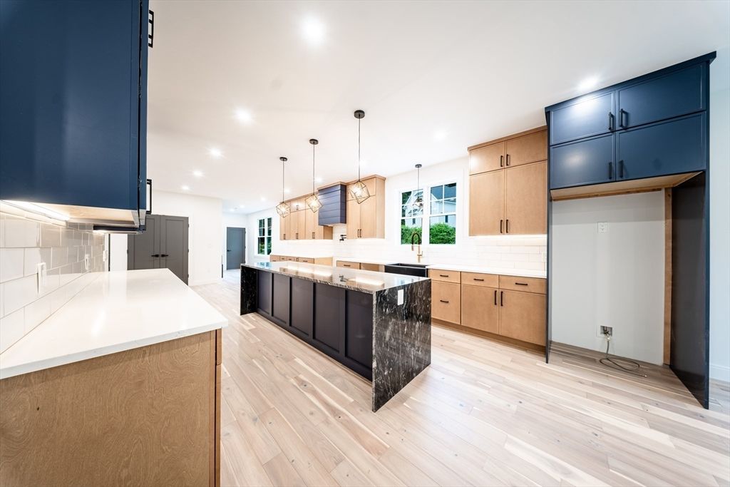 Interior, Kitchen, Pendant Lights, Recessed Lighting, Wood Texture Flooring