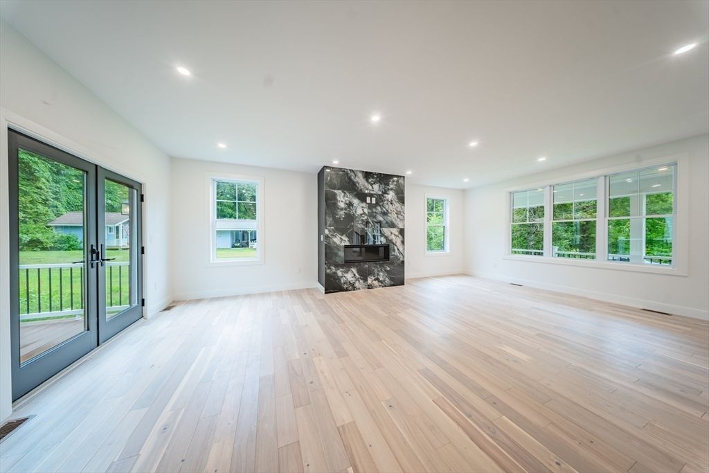 Empty room, Fireplace, Interior, Recessed Lighting, Wood Texture Flooring