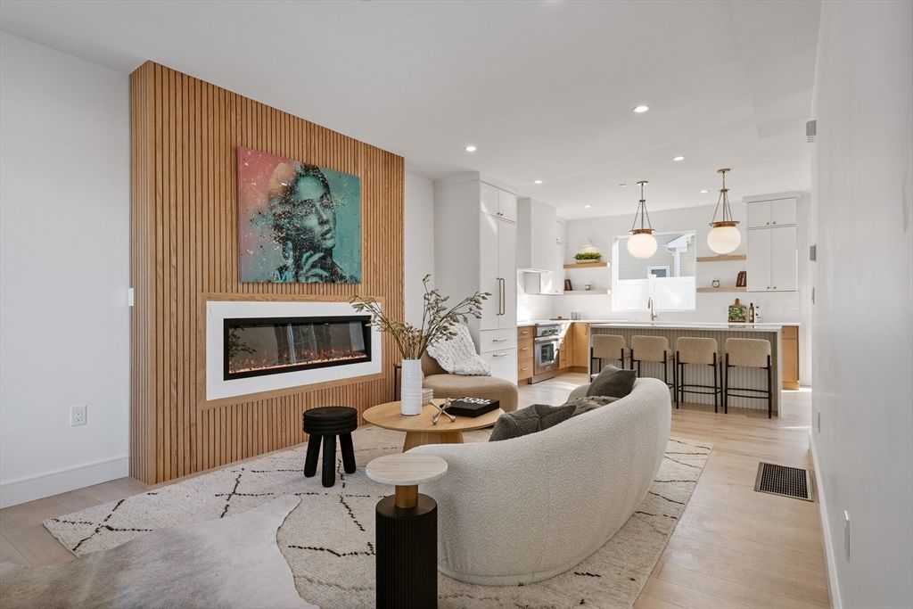 Fireplace, Interior, Kitchen, Living room, Pendant Lights, Recessed Lighting, Wood Texture Flooring