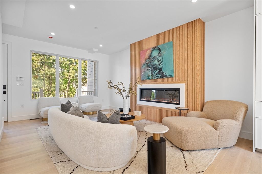 Fireplace, Interior, Living room, Recessed Lighting, Wood Texture Flooring