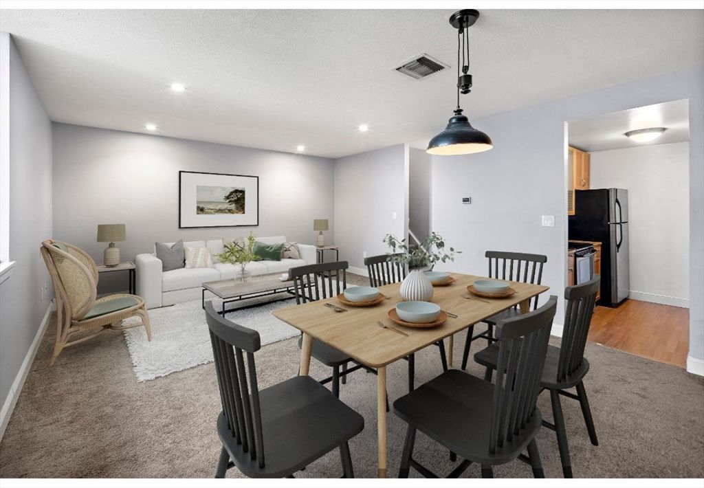 Dining room, Interior, Living room, Pendant Lights, Recessed Lighting, Wood Texture Flooring