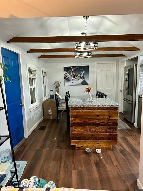 Interior, Kitchen, Pendant Lights, Wooden Beams, Wood Texture Flooring