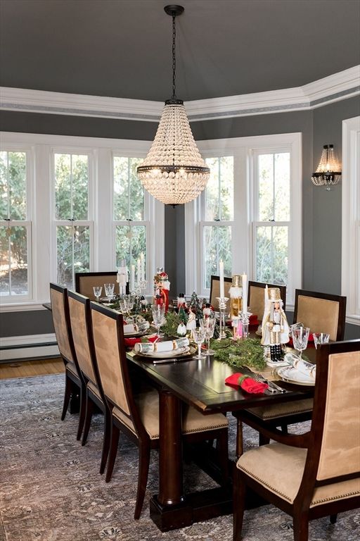 Chandelier, Dining room, Interior, Pendant Lights, Wood Texture Flooring