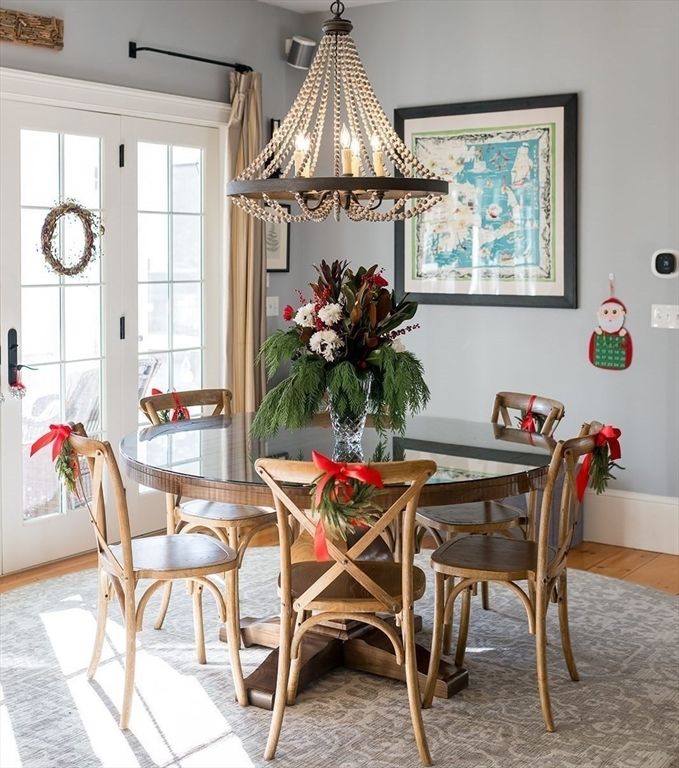 Chandelier, Dining room, Interior, Wood Texture Flooring