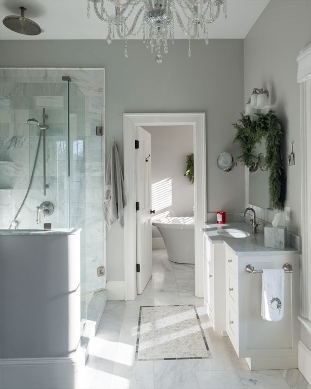 Bathroom, Free Standing Baths, Glass Shower, Interior, Marble, Marble Walls