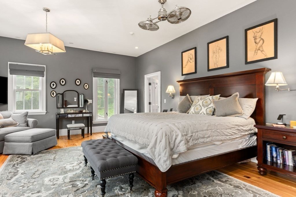 Bedroom, Interior, Pendant Lights, Recessed Lighting, Wood Texture Flooring