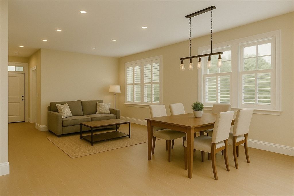 Dining room, Interior, Living room, Pendant Lights, Recessed Lighting, Wood Texture Flooring
