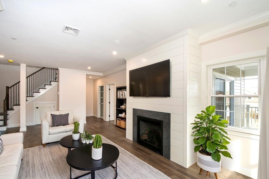 Fireplace, Interior, Living room, Recessed Lighting, Wood Texture Flooring