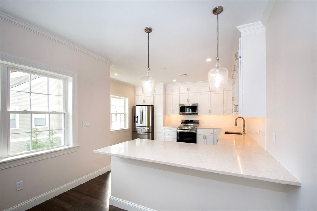 Interior, Kitchen, Pendant Lights, Recessed Lighting, Stainless Steel Appliances, Wood Texture Flooring