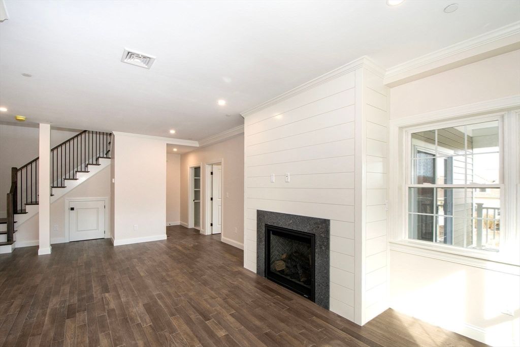 Empty room, Fireplace, Interior, Recessed Lighting, Wood Texture Flooring