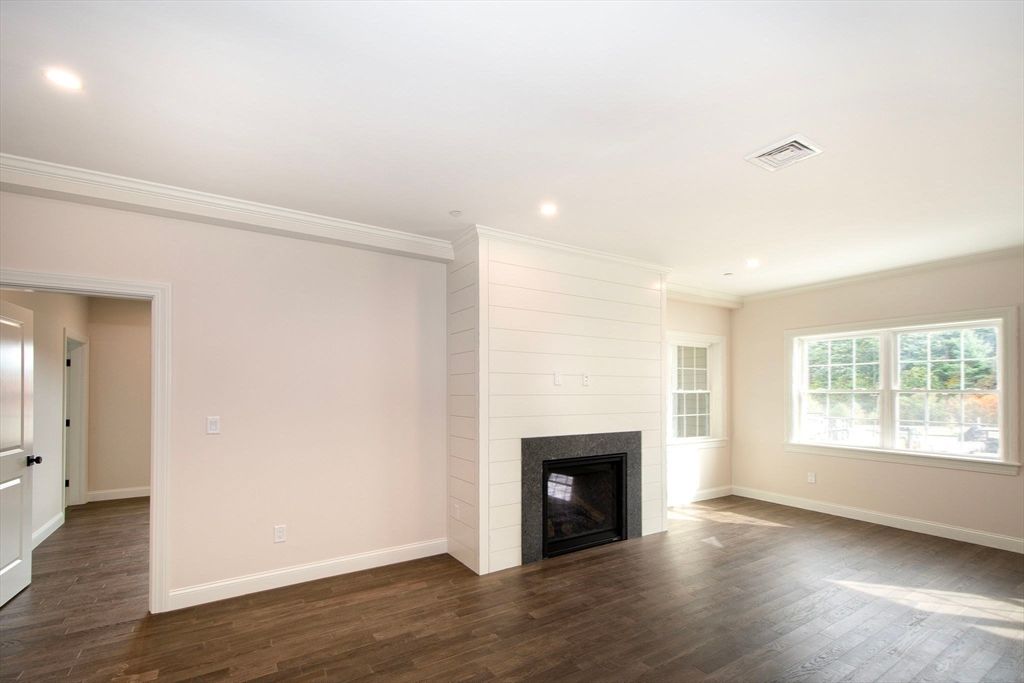 Empty room, Fireplace, Interior, Recessed Lighting, Wood Texture Flooring
