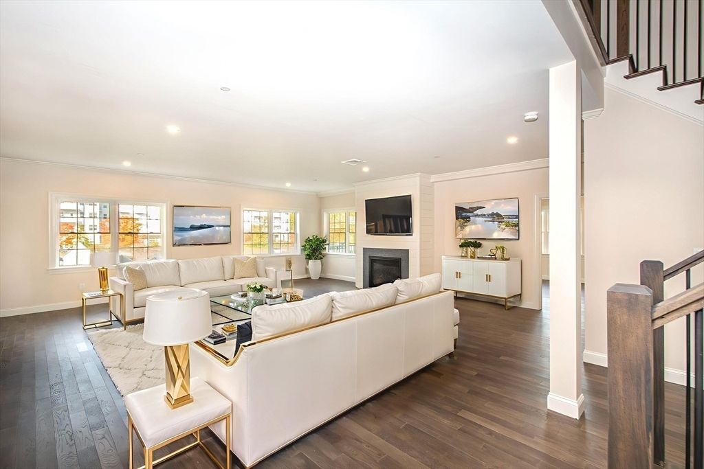 Fireplace, Interior, Living room, Recessed Lighting, Wood Texture Flooring