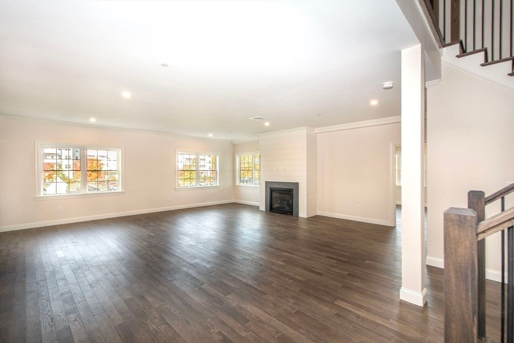 Empty room, Fireplace, Interior, Recessed Lighting, Wood Texture Flooring