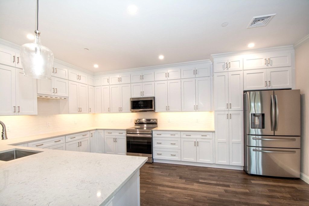 Interior, Kitchen, Pendant Lights, Recessed Lighting, Stainless Steel Appliances, Wood Texture Flooring