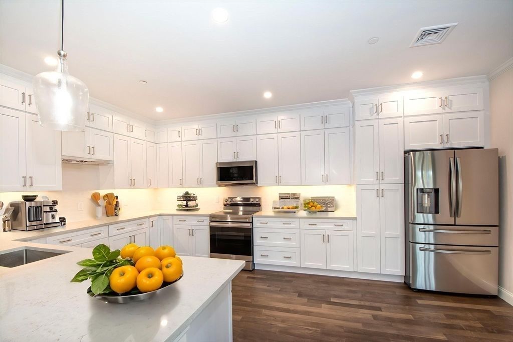 Interior, Kitchen, Pendant Lights, Recessed Lighting, Stainless Steel Appliances, Wood Texture Flooring