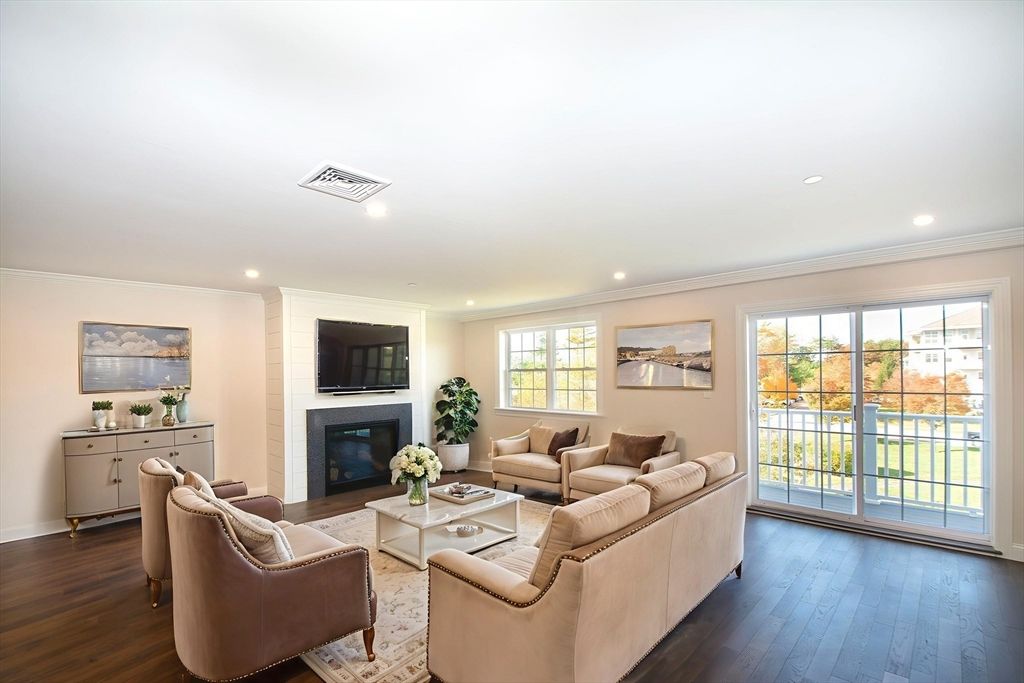 Fireplace, Interior, Living room, Recessed Lighting, Wood Texture Flooring