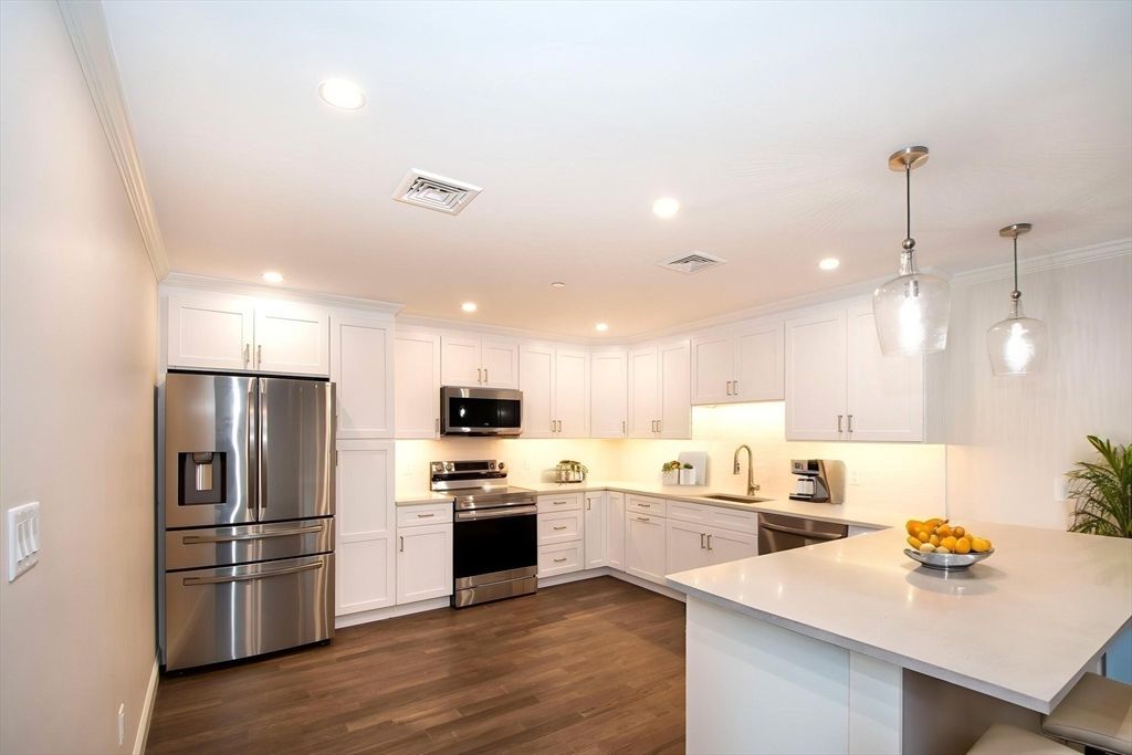 Interior, Kitchen, Pendant Lights, Recessed Lighting, Stainless Steel Appliances, Wood Texture Flooring