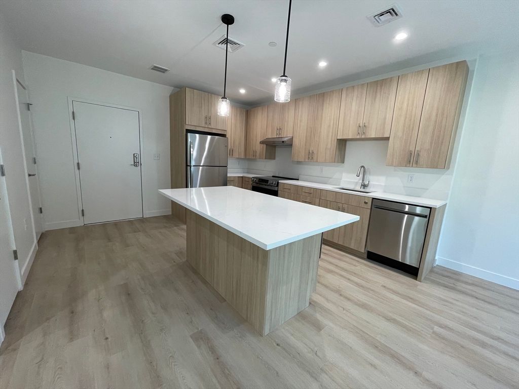 Interior, Kitchen, Pendant Lights, Recessed Lighting, Stainless Steel Appliances, Wood Texture Flooring