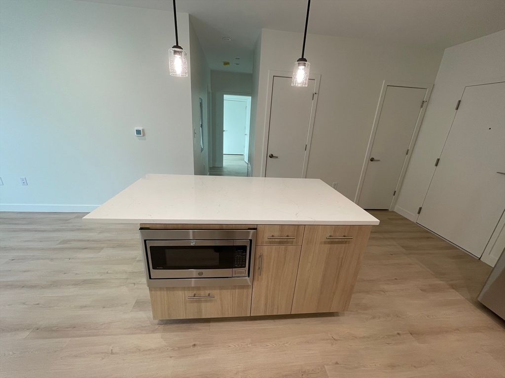 Interior, Kitchen, Pendant Lights, Stainless Steel Appliances, Wood Texture Flooring