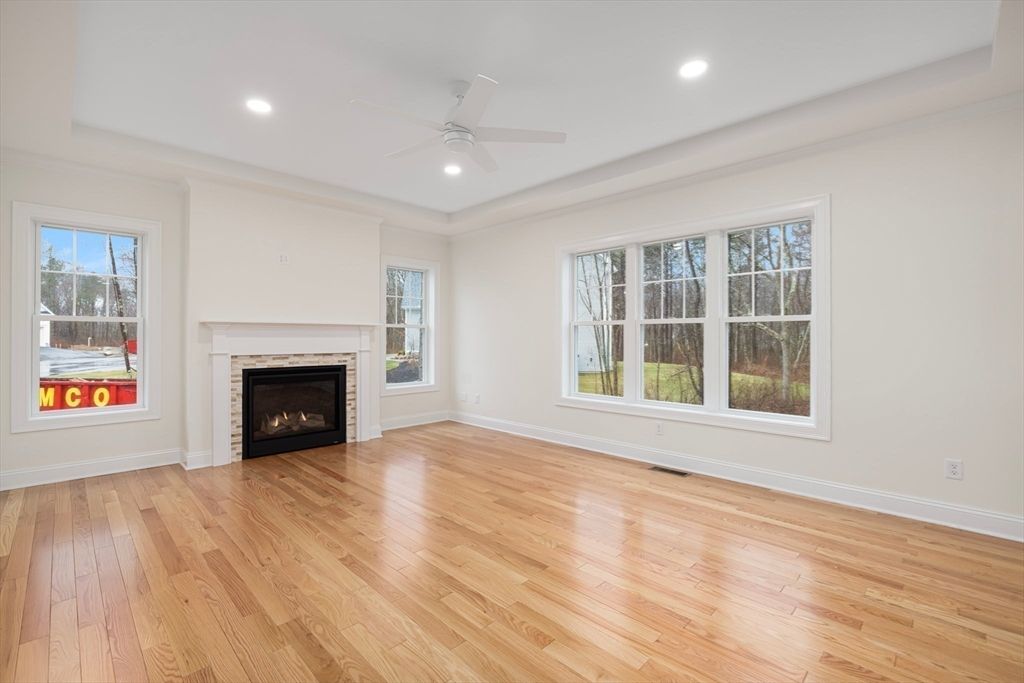 Empty room, Fireplace, Interior, Recessed Lighting, Wood Texture Flooring