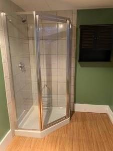 Bathroom, Glass Shower, Interior, Recessed Lighting, Wood Texture Flooring