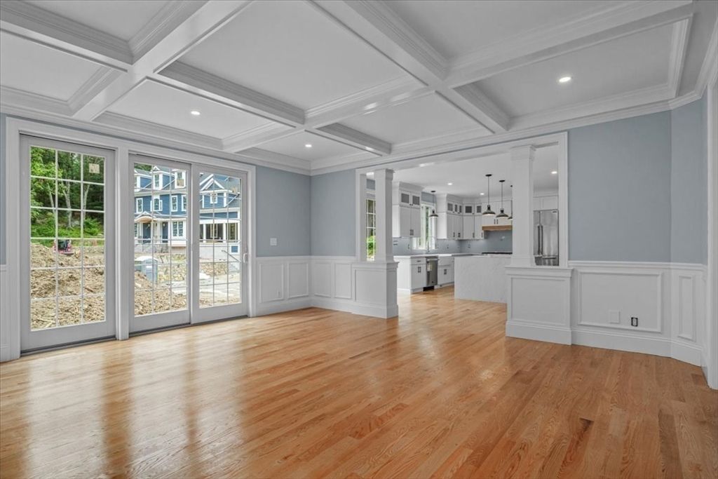 Empty room, Interior, Kitchen, Pendant Lights, Recessed Lighting, Wood Texture Flooring