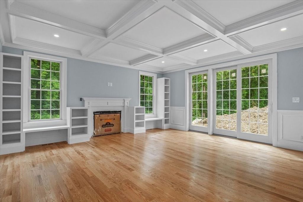 Empty room, Fireplace, Interior, Recessed Lighting, Wood Texture Flooring