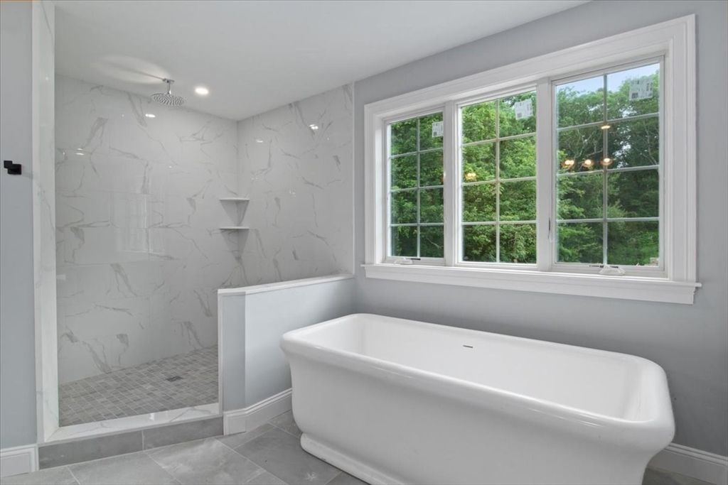 Bathroom, Free Standing Baths, Interior, Marble Walls, Recessed Lighting