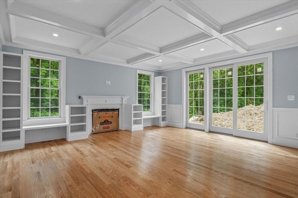 Empty room, Fireplace, Interior, Recessed Lighting, Wood Texture Flooring