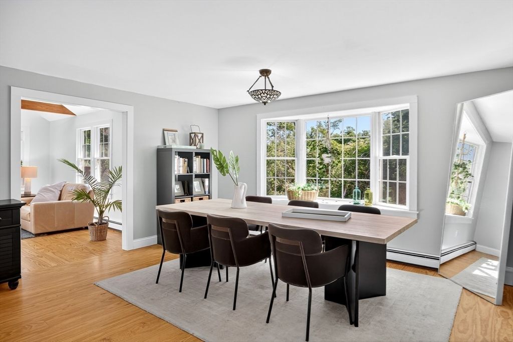 Dining room, Interior, Pendant Lights, Wood Texture Flooring