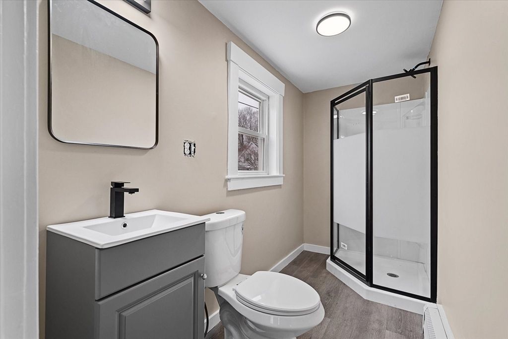 Bathroom, Glass Shower, Interior, Wood Texture Flooring