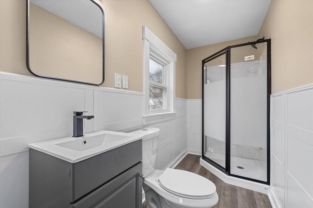 Bathroom, Glass Shower, Interior, Wood Texture Flooring