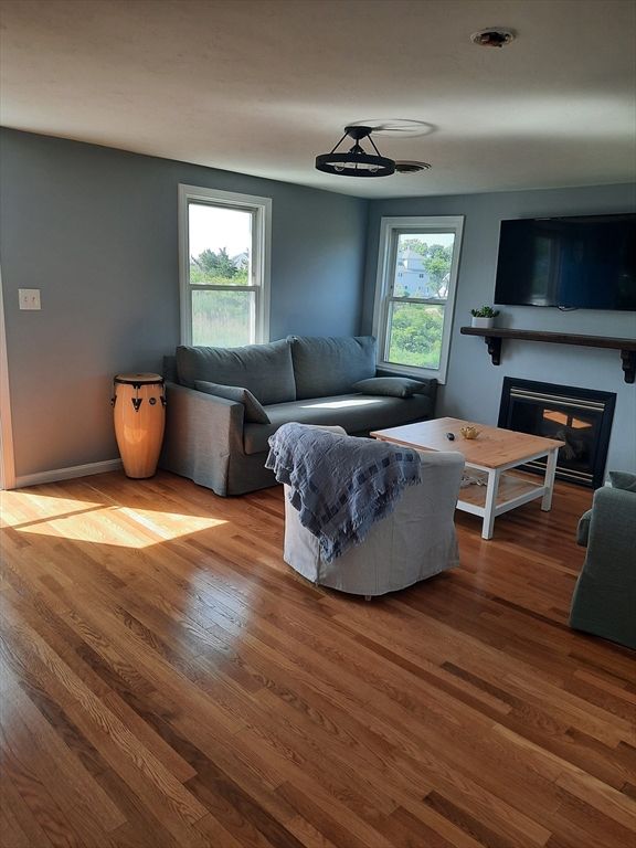 Fireplace, Interior, Living room, Pendant Lights, Wood Texture Flooring