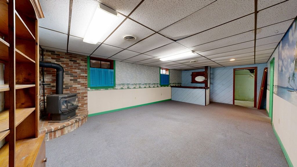 Empty room, Fireplace, Interior, Recessed Lighting, Stone Walls