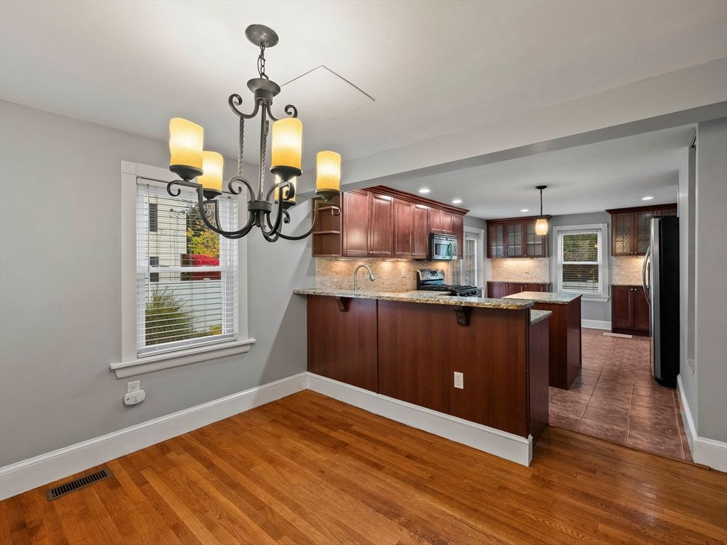 Chandelier, Interior, Kitchen, Pendant Lights, Recessed Lighting, Wood Texture Flooring