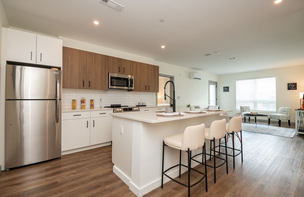 Interior, Kitchen, Living room, Recessed Lighting, Stainless Steel Appliances, Wood Texture Flooring