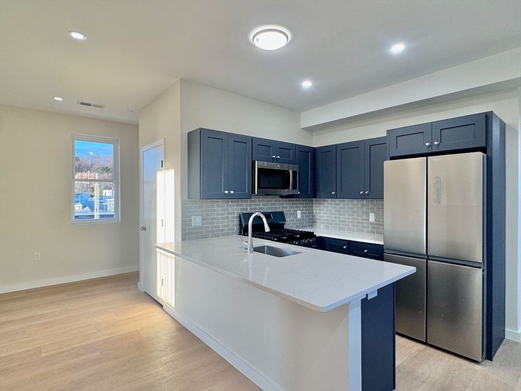 Interior, Kitchen, Recessed Lighting, Stainless Steel Appliances, Wood Texture Flooring