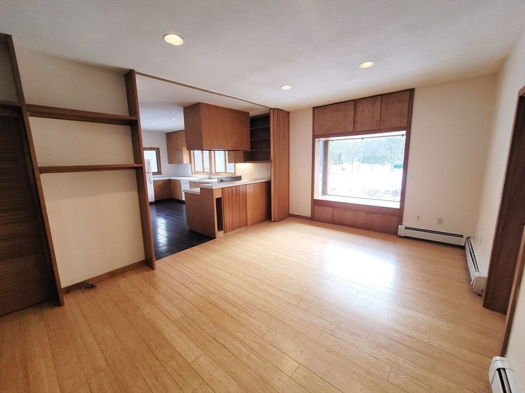 Empty room, Interior, Kitchen, Recessed Lighting, Wood Texture Flooring