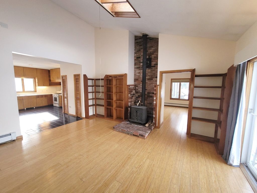 Empty room, Fireplace, Interior, Kitchen, Wood Texture Flooring