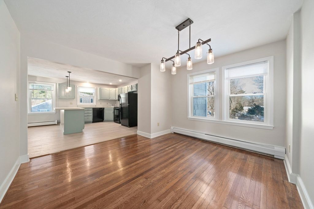 Empty room, Interior, Kitchen, Pendant Lights, Recessed Lighting, Wood Texture Flooring