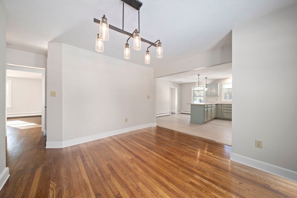 Empty room, Interior, Kitchen, Pendant Lights, Wood Texture Flooring