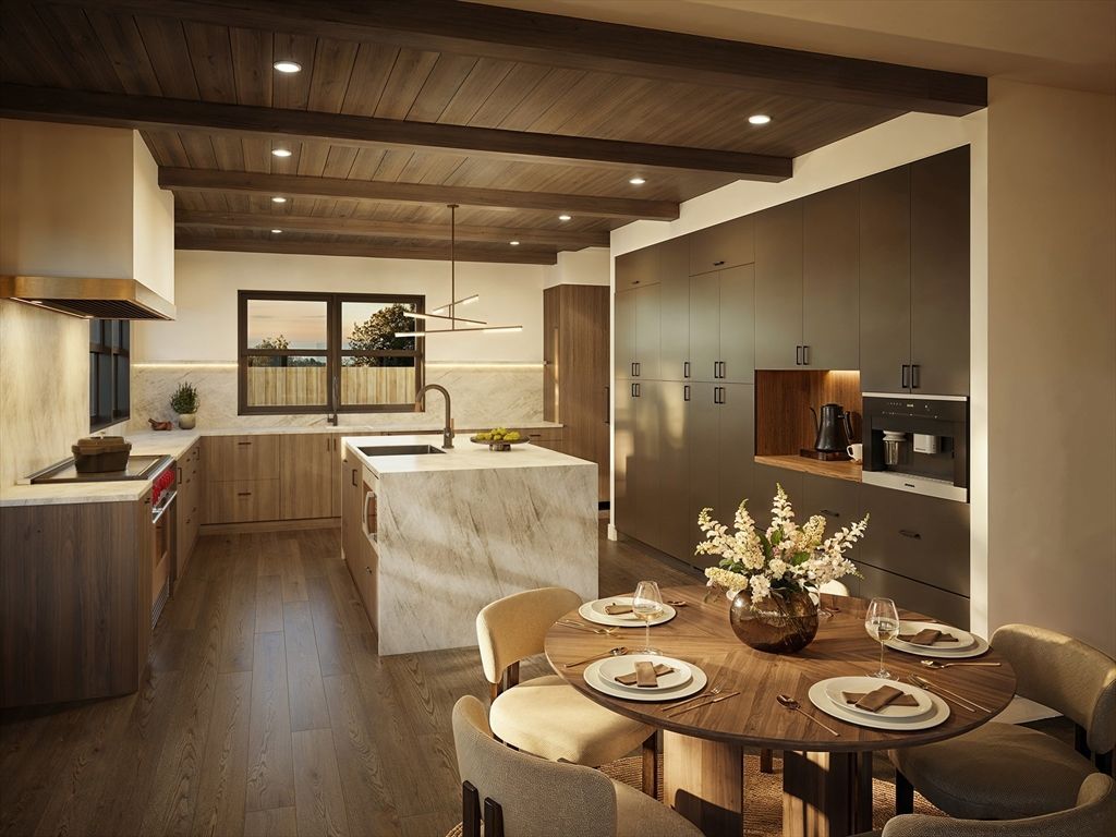 Dining room, Interior, Kitchen, Pendant Lights, Recessed Lighting, Stainless Steel Appliances, Wooden Beams, Wooden Ceilings, Wood Texture Flooring